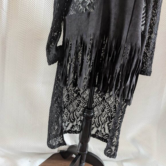 Simon Chang Lace Crochet Duster Faux Suede Fringe Black Size 10, M, Whimsigoth - Picture 6 of 13